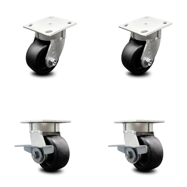 4 Inch Kingpinless Glass Filled Nylon Wheel Swivel Caster Set with 2 Brakes SCC